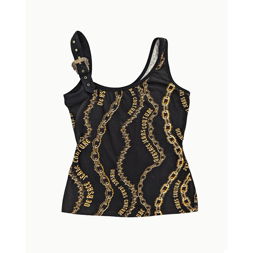 Versace Jeans Couture Chain Print Buckle Tank Top Black Gold NWT IT 42